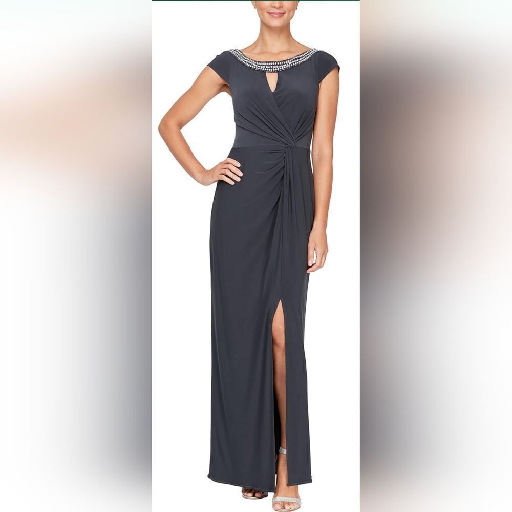 Alex Evenings Embellished Neck Cap Sleeve Column Gown NWT size 10 Charcoal Gray